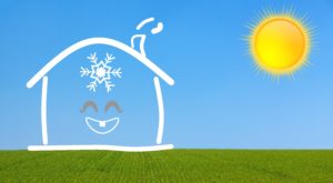 An animated image of a cold house smiling and a sun blazing above